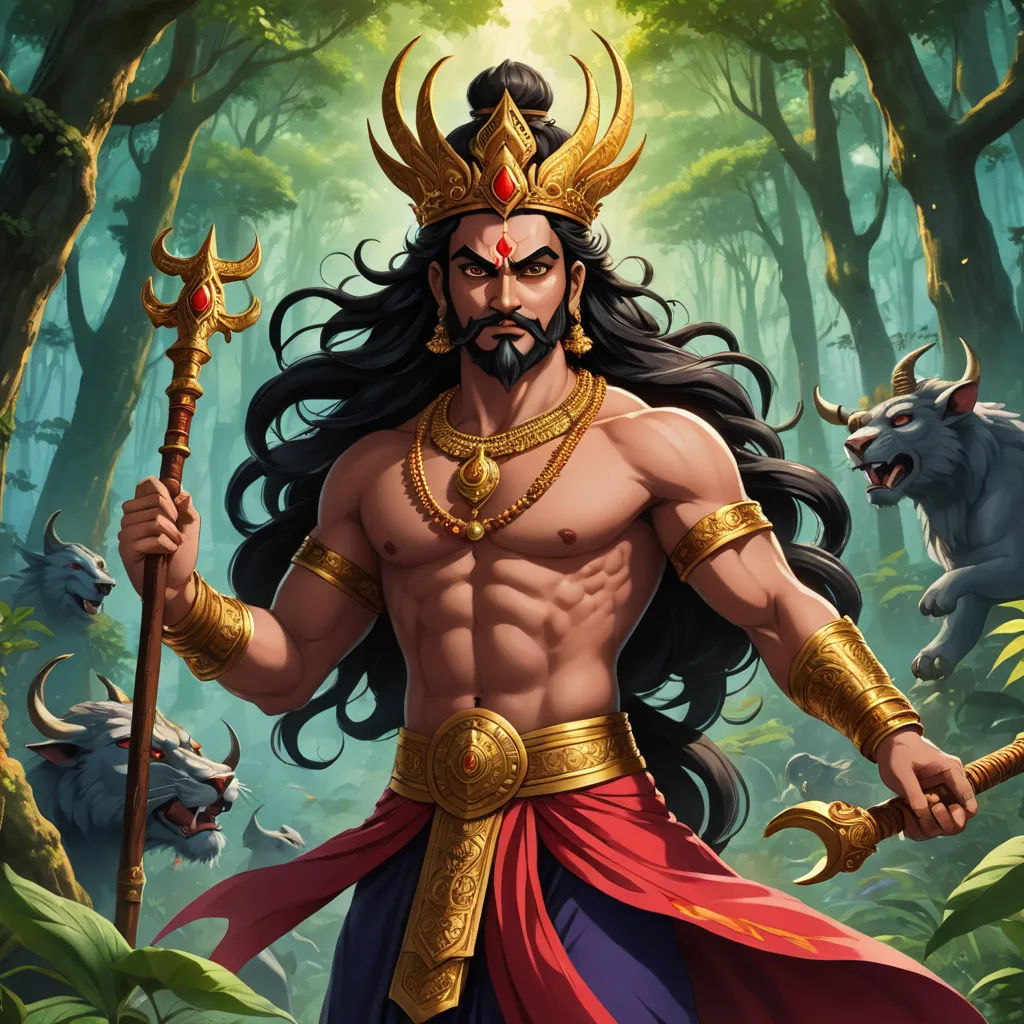 a man with a horned head and a sword in a forest with animals around him and a demon on his shoulder, samikshavad, a detailed painting, Bholekar Srihari, epic fantasy character art