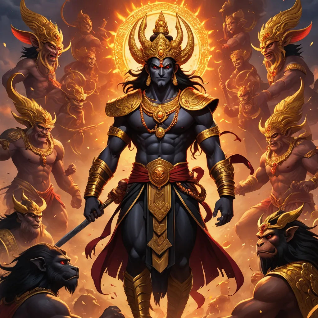 a painting of a man with a horned head and body surrounded by other men and animals in a fiery sky, samikshavad, a detailed painting, Bholekar Srihari, comic cover art