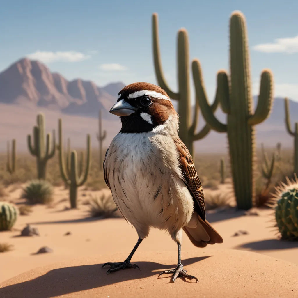 a bird standing on a desert floor next to a cactus and a mountain range in the background with a sky background, photorealism, a 3D render, Chris LaBrooy, rendered in unreal engine 5