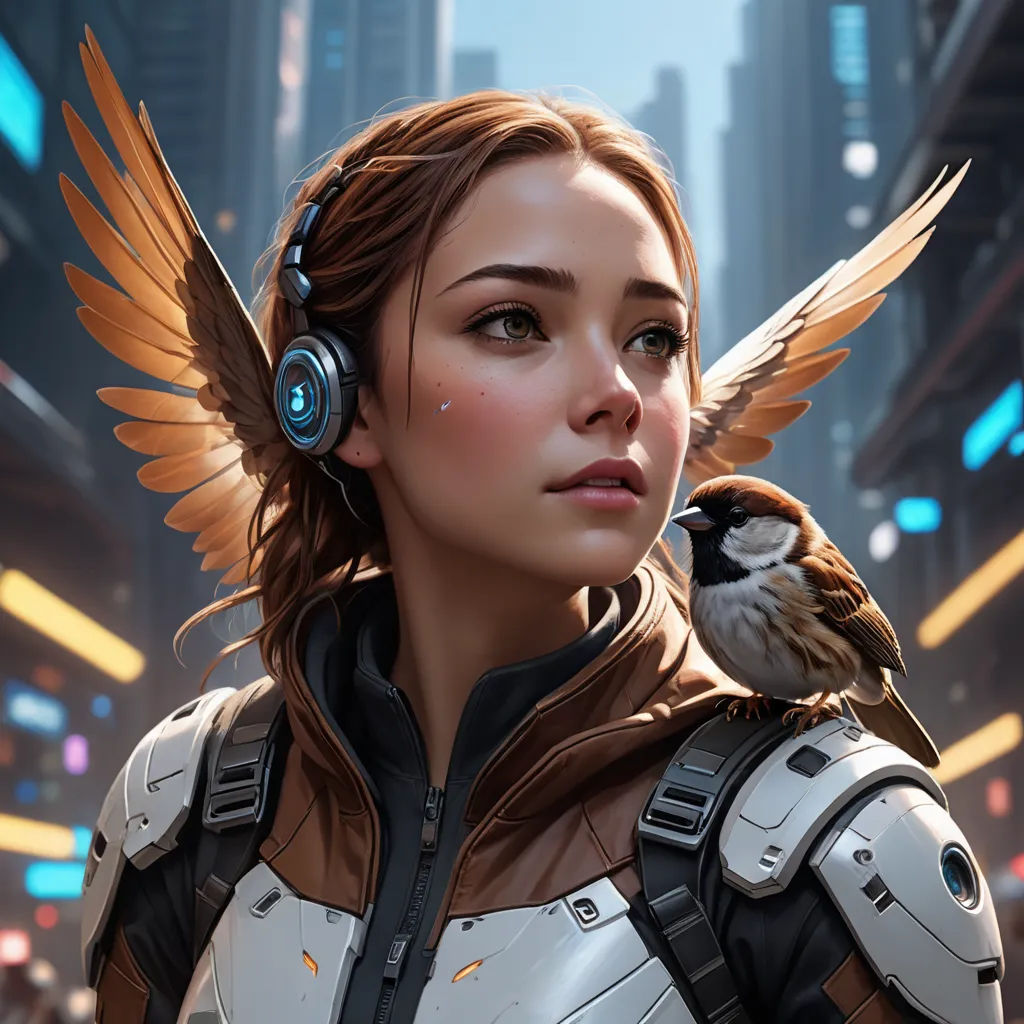 a woman with headphones and a bird on her shoulder in a cityscape with skyscrapers in the background, fantasy art, cyberpunk art, Clint Cearley, stanley artgerm lau
