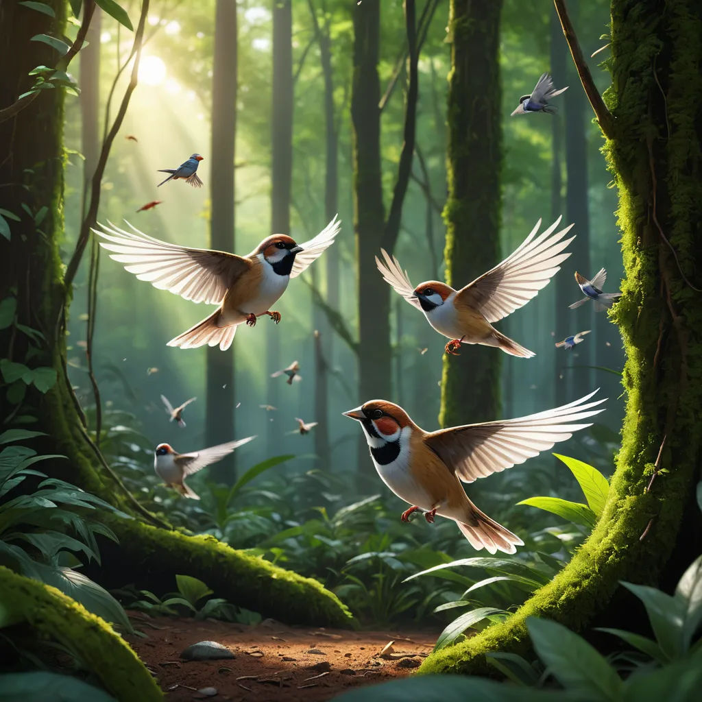 a group of birds flying through a forest filled with trees and plants and flying around a group of birds, magic realism, a detailed matte painting, Chris LaBrooy, birds