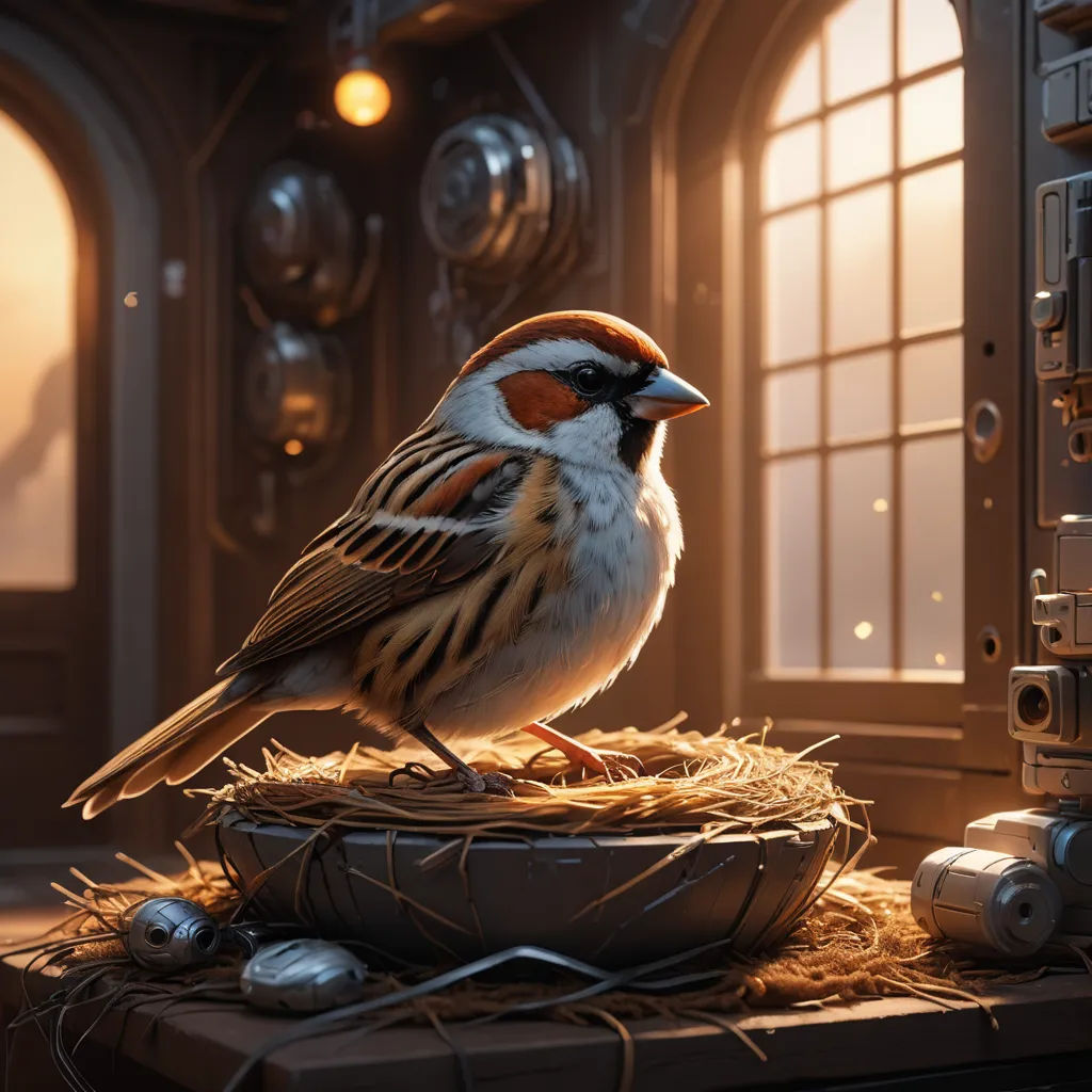 a bird sitting on top of a nest of hay in a room with windows and a door in the background, fantasy art, a digital painting, Chris LaBrooy, highly detailed digital painting
