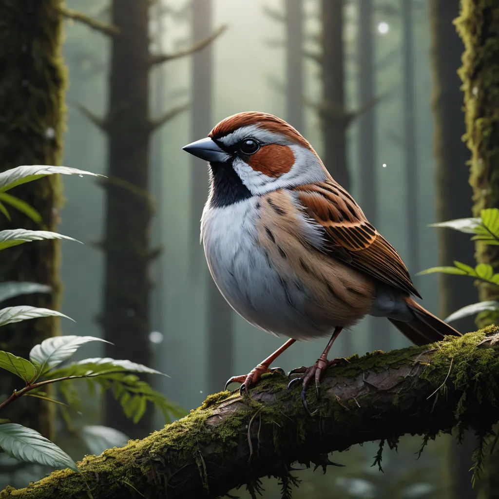 a bird sitting on a branch in a forest with mossy trees and ferns in the background, with sunlight streaming through the trees, photorealism, a 3D render, Chris LaBrooy, ultra realistic digital art