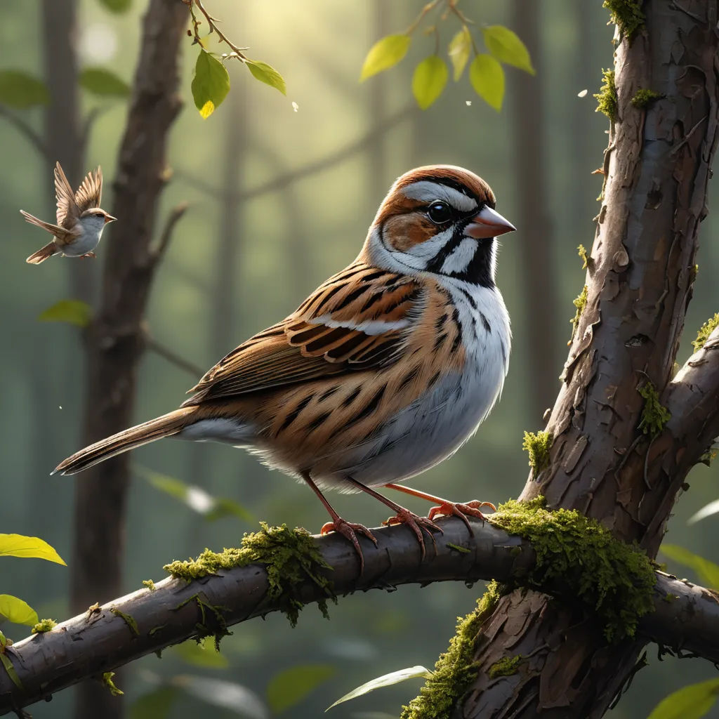 a bird perched on a tree branch in a forest with a sunbeam in the background and a few birds flying around, photorealism, a digital painting, Ejler Bille, highly detailed digital painting