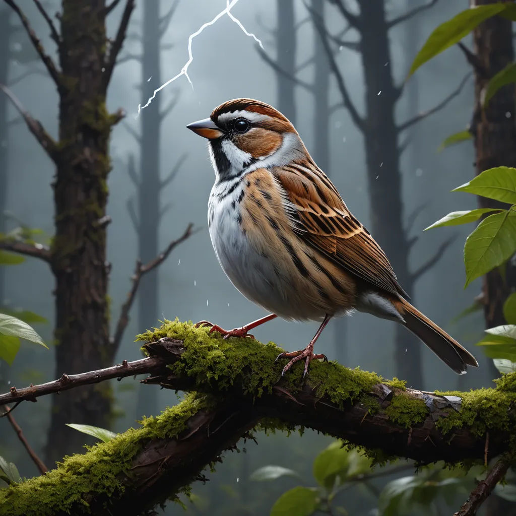 a bird sitting on a branch in a forest with a lightning bolt in the background and a tree branch with moss growing on it, gothic art, a digital rendering, David Martin, birds