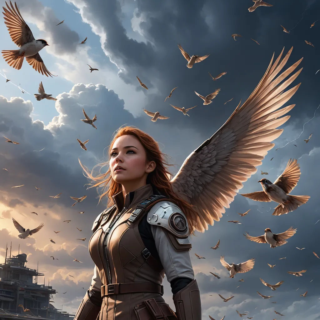 a woman with a bird on her shoulder and a bird in the air above her head, surrounded by birds, fantasy art, a matte painting, Clint Cearley, magic the gathering artwork