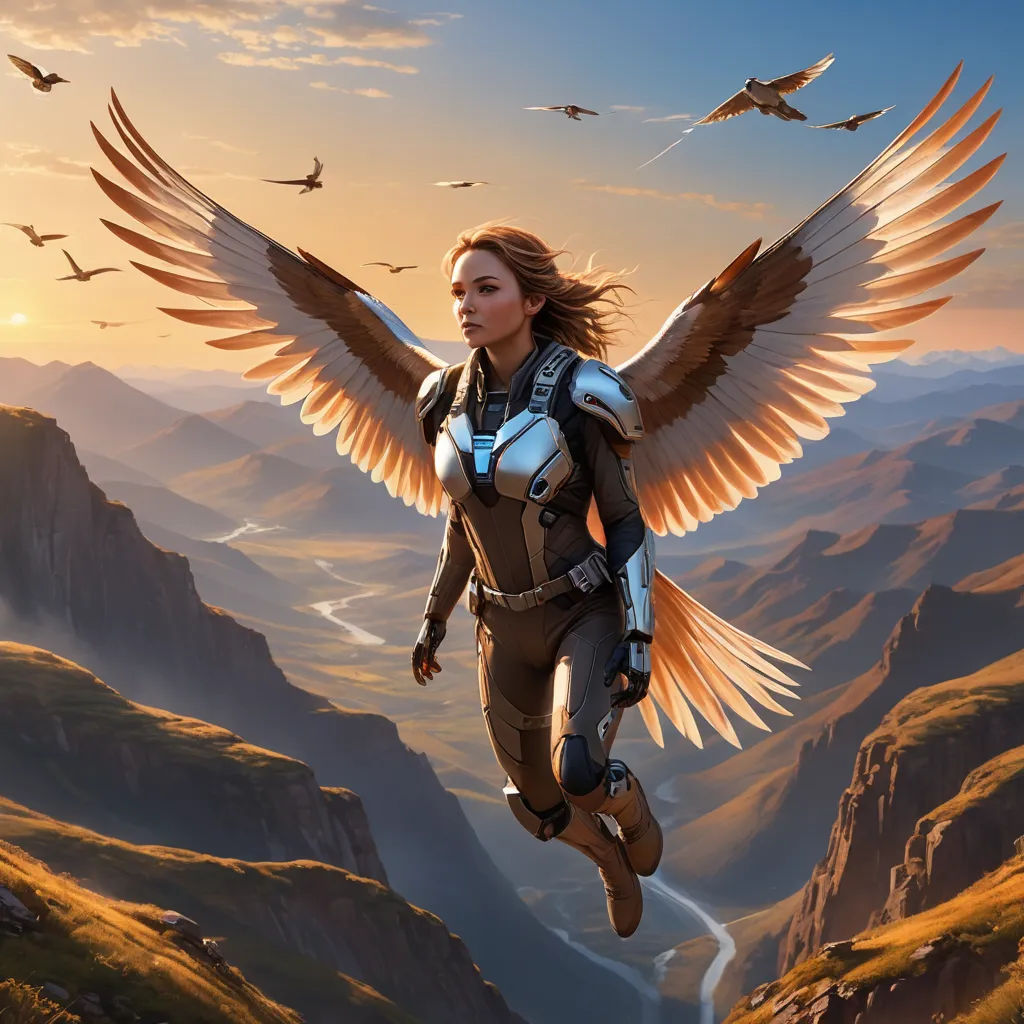 a woman with wings flying over a mountain range in a suit of armor and armor with a bird on her shoulder, fantasy art, concept art, Clint Cearley, magic the gathering artwork