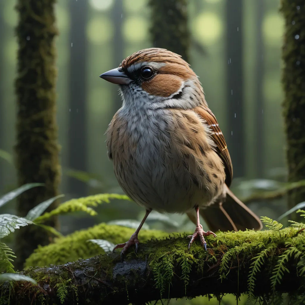 a bird is standing on a mossy branch in the woods with rain falling down on it and trees in the background, photorealism, a 3D render, Chris LaBrooy, ultra realistic digital art