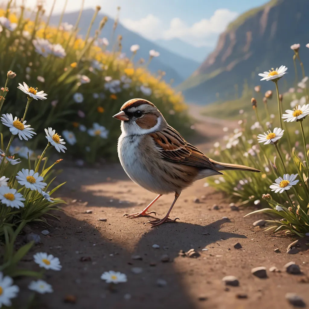 a bird standing on a dirt road surrounded by flowers and grass with mountains in the background and a blue sky with clouds, photorealism, a photorealistic painting, Chris LaBrooy, ultra realistic digital art