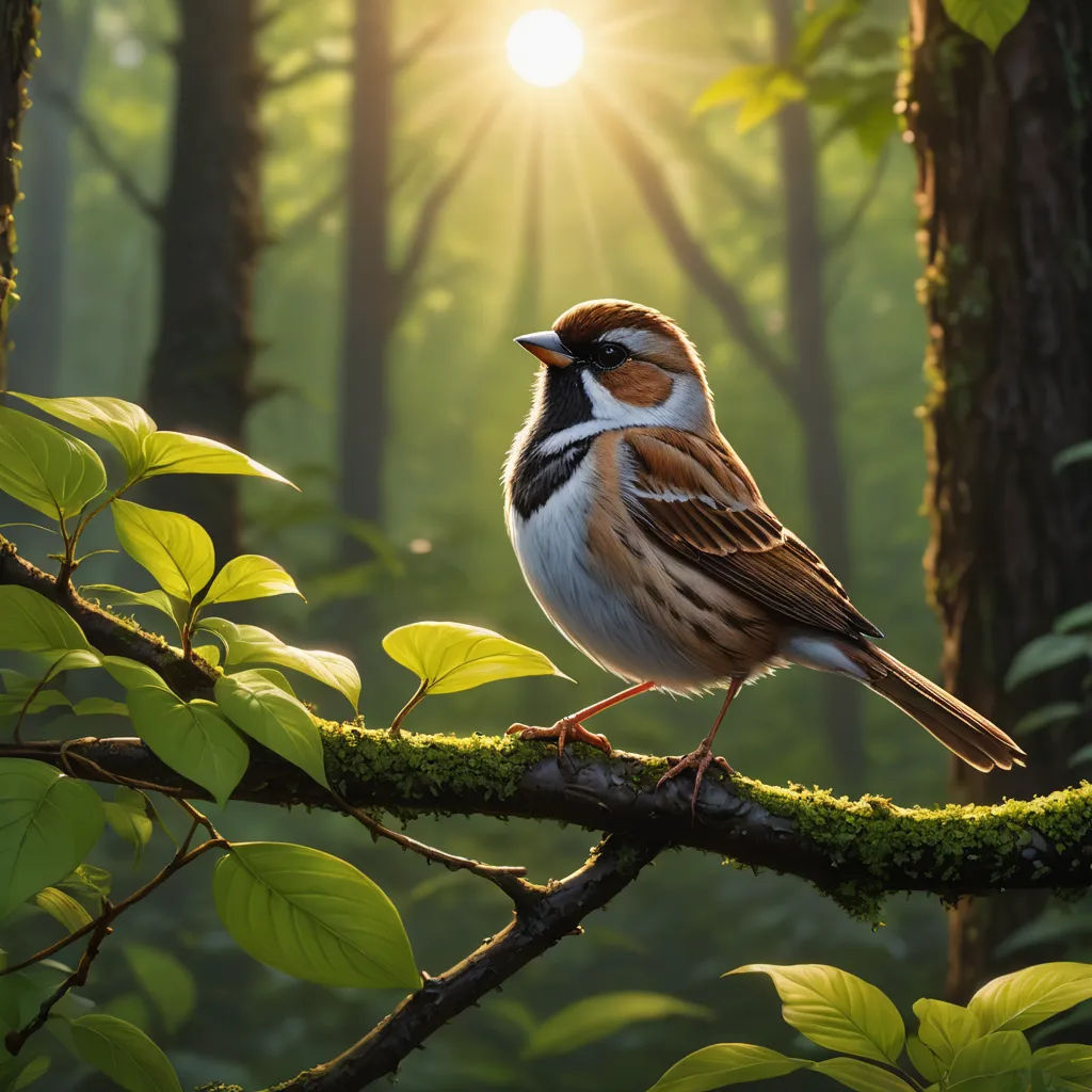 a bird perched on a branch in a forest with the sun shining through the trees behind it and the leaves on the branch, photorealism, a photorealistic painting, Arie Smit, birds