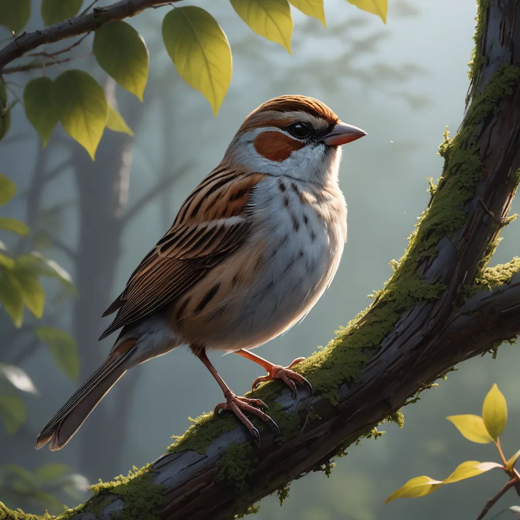 a bird perched on a branch in a tree with green leaves and fog in the background, with a sunbeam in the foreground, photorealism, a digital painting, Chris LaBrooy, highly detailed digital painting