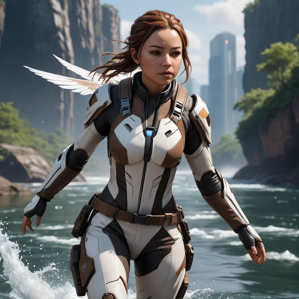 a woman in a futuristic suit is walking through the water with a bird on her shoulder and a city in the background, photorealism, concept art, Eve Ryder, unreal 5