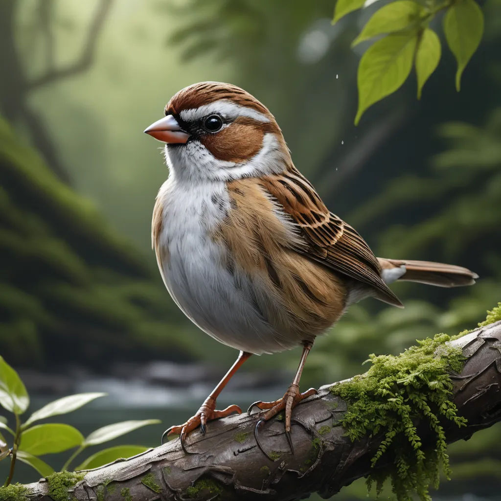 a bird sitting on a branch in a forest with a stream in the background and green leaves on the branches, photorealism, a digital painting, Chris LaBrooy, highly detailed digital painting