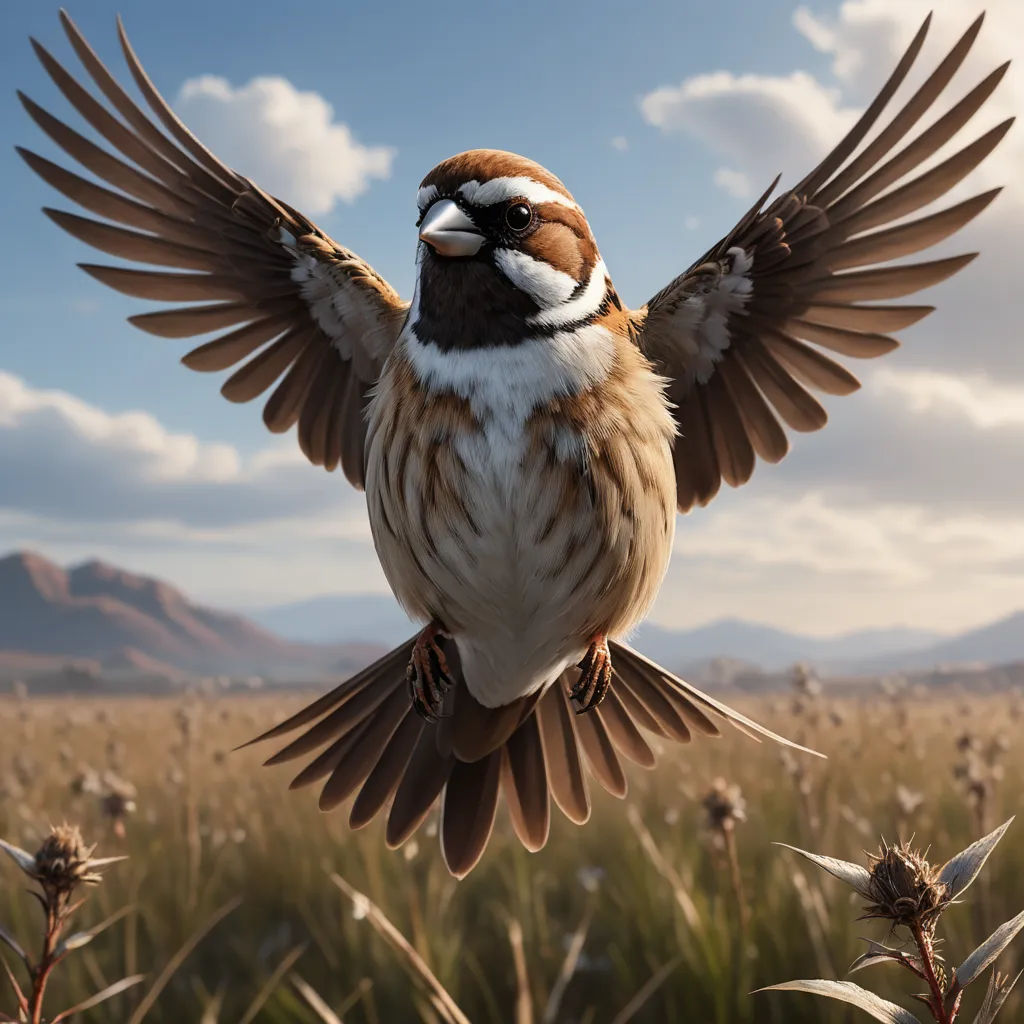 a bird with its wings spread out in a field of grass and flowers with mountains in the background and a blue sky with clouds, photorealism, a photorealistic painting, Chris LaBrooy, ultra realistic digital art