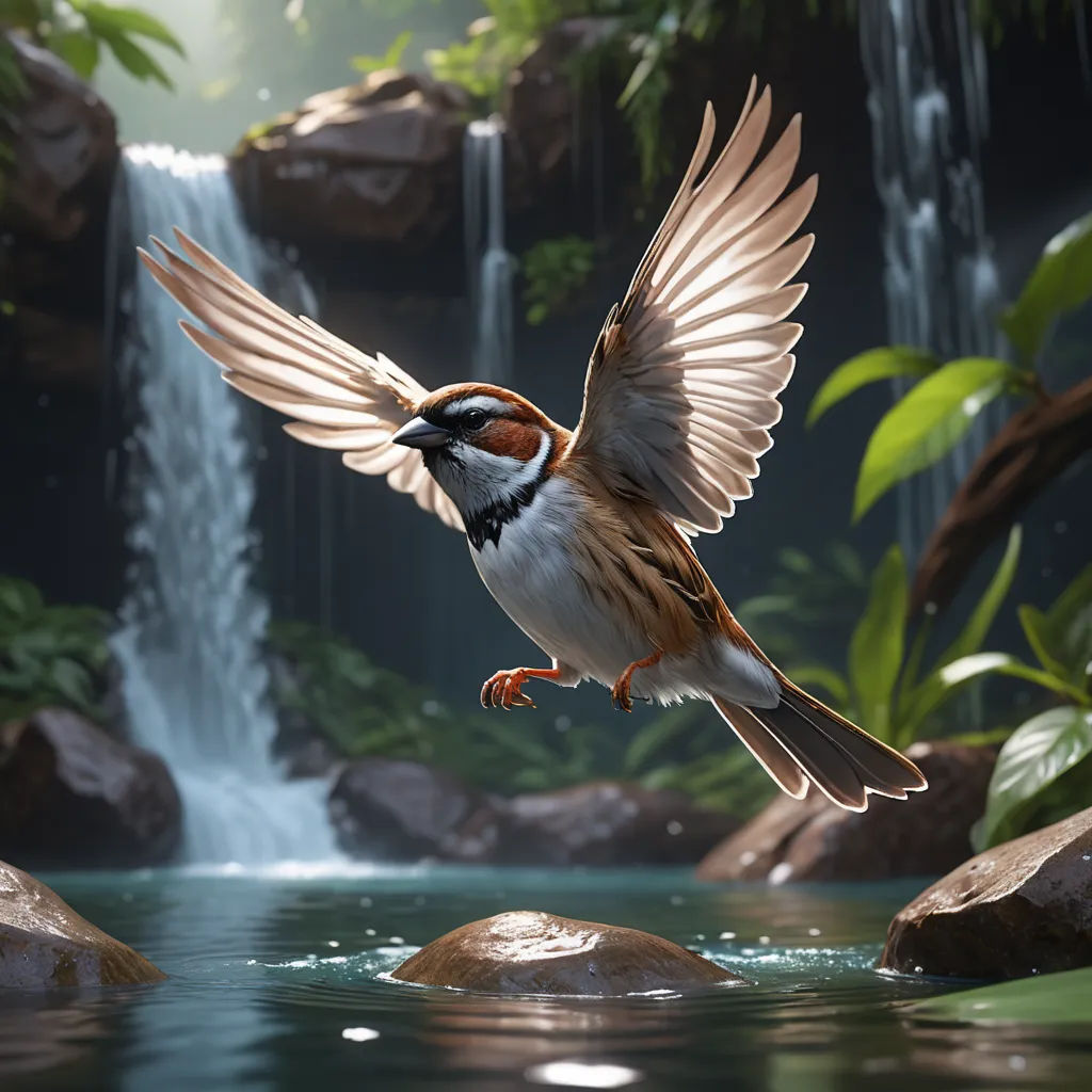 a bird flying over a body of water near a waterfall with a waterfall behind it and a bird with its wings spread, photorealism, a 3D render, Chris LaBrooy, unreal engine render