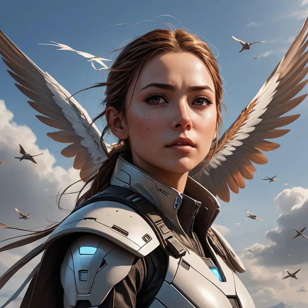 a woman with wings on her chest and a sky background with birds flying overhead and a bird in the air, fantasy art, a painting, Clint Cearley, trending on artstation hq