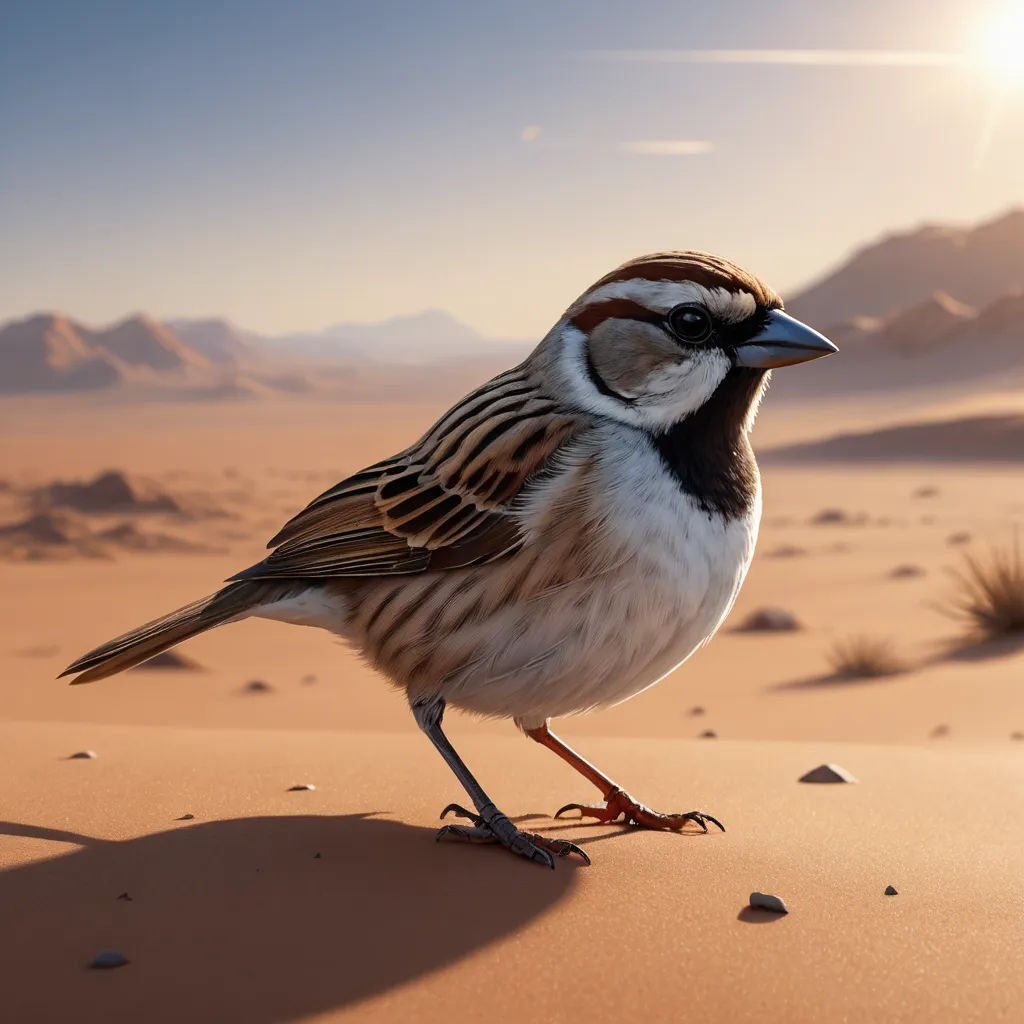 a bird standing on a sandy surface in the desert with mountains in the background and a sun shining on the horizon, photorealism, a 3D render, Chris LaBrooy, unreal 5 render