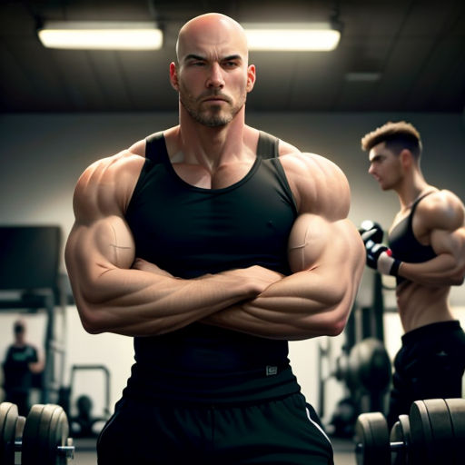 a man with his arms crossed standing in front of a row of dumbbells in a gym with another man in the background