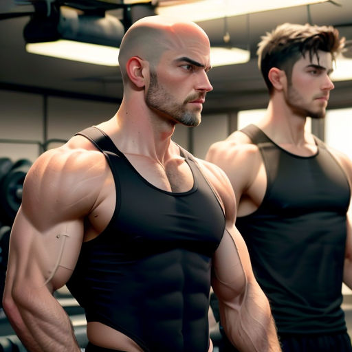 two men in a gym with their muscles exposed and their arms crossed, looking at each other, with a mirror in the background