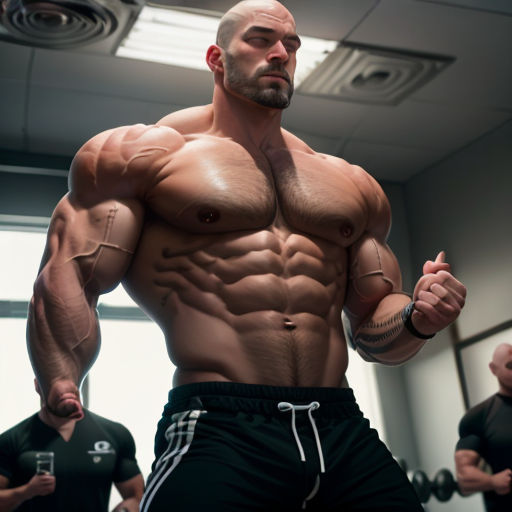a man with a bald head and no shirt on in a gym with other men in the background,