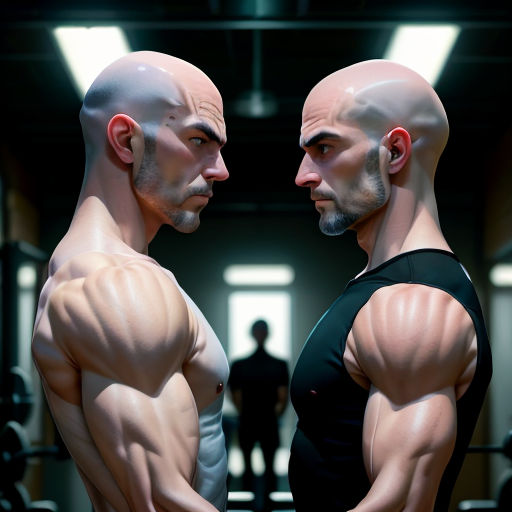 two men standing next to each other in a gym area with a mirror behind them and a man standing next to them