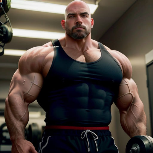 a man with a beard and a black shirt is holding a dumb bar in a gym room with a weight machine
