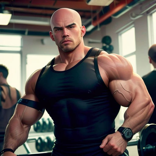 a man with a bald head and a black shirt is holding a barbell in a gym with other men