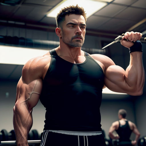 a man is doing a barbell exercise in a gym with another man in the background and a woman in the background