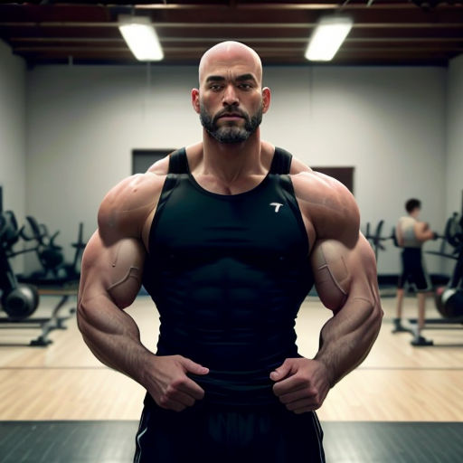 a man with a beard and a beard standing in a gym with his hands on his hips and looking at the camera