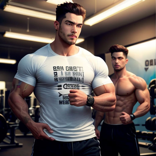 two men in a gym with their arms crossed and their shirts on, one of them is showing off his muscles