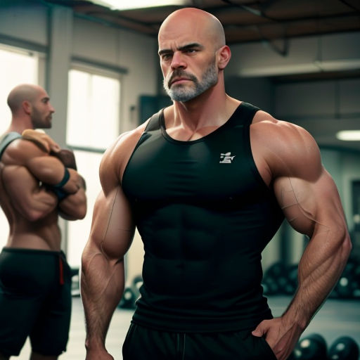 a man with a bald head and a bald man with a beard in a gym with a dumbbell