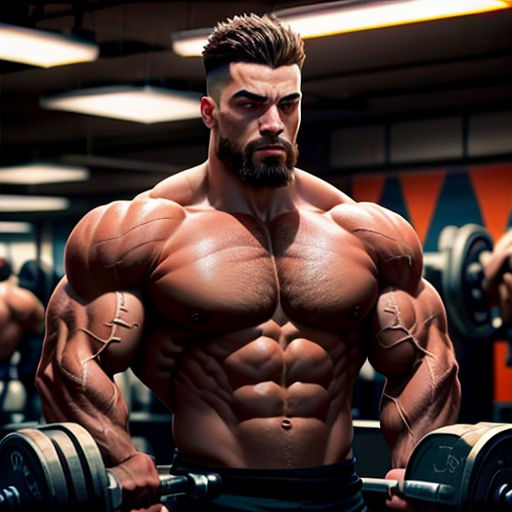 a man with a beard and no shirt is holding a barbell in a gym with other men in the background
