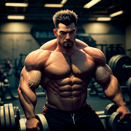 a man with a muscular body is holding a barbell in a gym room with other men in the background