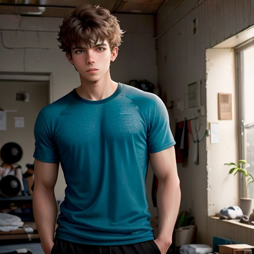 a young man standing in a room with a window behind him and a plant in the corner of the room