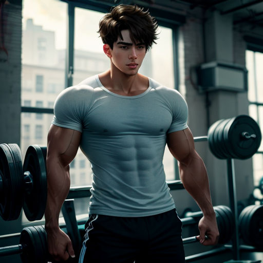 a man with a muscular body is holding a barbell in a gym room with a window overlooking the city