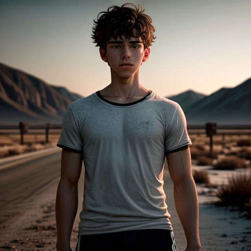 a man standing in the middle of a desert road at sunset with mountains in the background and a road sign in the foreground