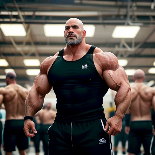 a man with a beard and no shirt on in a gym with other men in the background, with one man with a beard and no shirt on