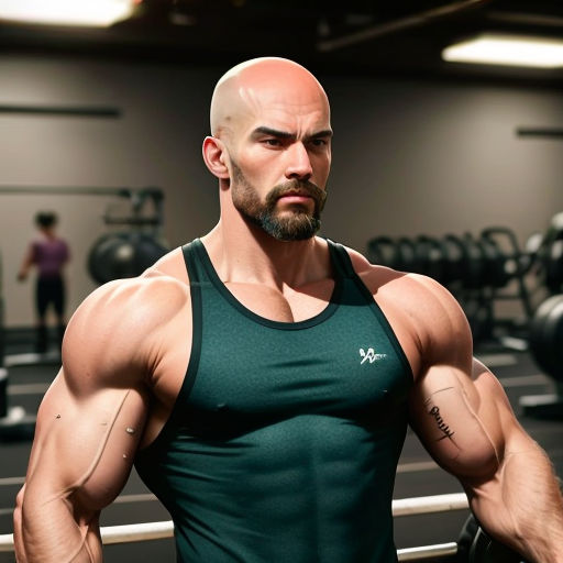 a man with a bald head and a beard in a gym with a barbell racket in his hand