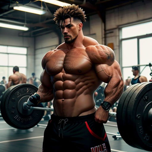 a man with a big chest and a barbell in a gym with other people in the background and a man with a mohawk