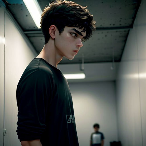 a young man standing in a room with a man standing behind him in the background and a man standing in the background