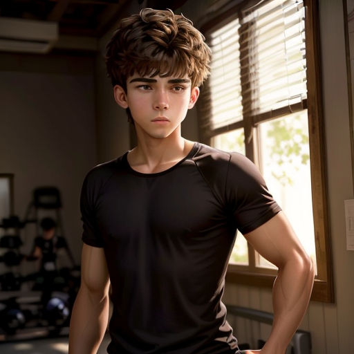a young man standing in front of a window in a gym with his hands on his hips and looking at the camera