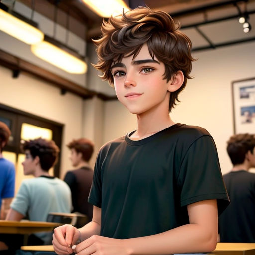 a boy with a black shirt and a black shirt and some people in a room and one boy is wearing a black shirt