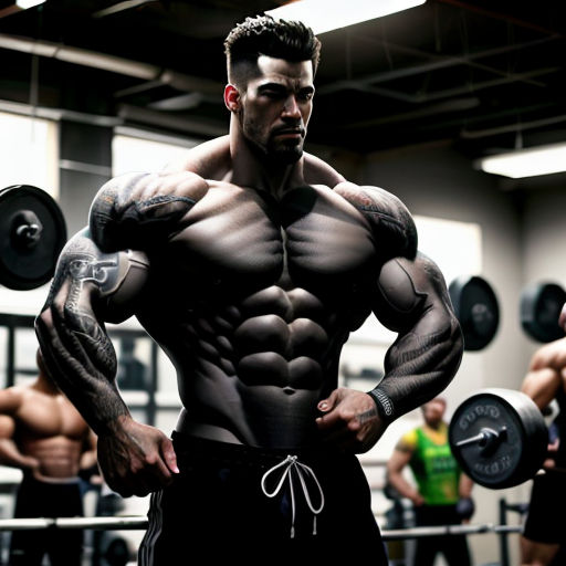 a man with a lot of muscles standing in a gym with a barbell in his hand and a man with a beard