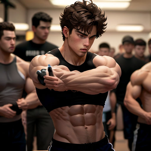 a man with a muscular body standing in a gym with other men in the background holding dumbbells