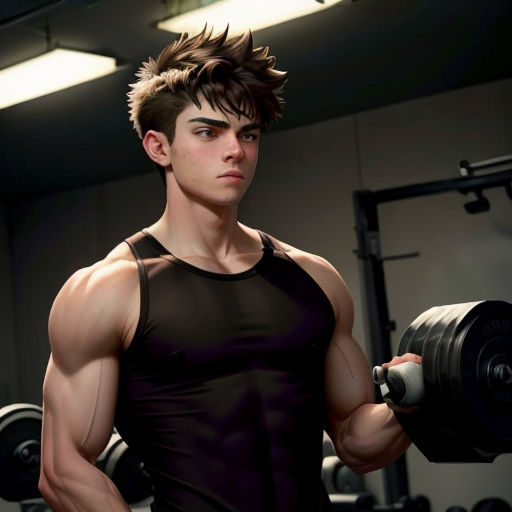 a man with a mohawk holding a dumbbell in a gym room with a mirror behind him and a barbell in his hand