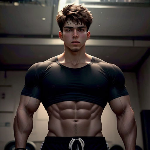 a man with a muscular body and no shirt on in a gym room with a dumb bar and a dumbbell