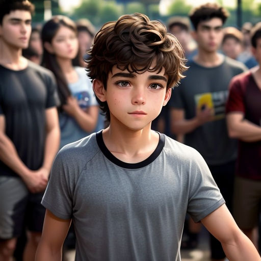 a young boy standing in front of a group of people in a crowd of people, with one boy looking at the camera