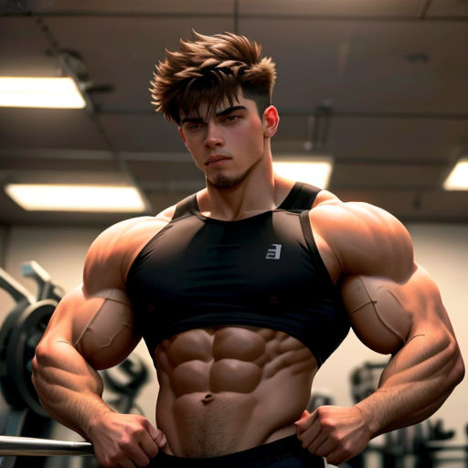 a man with a muscular body standing in a gym room with a barbell in his hand and looking at the camera