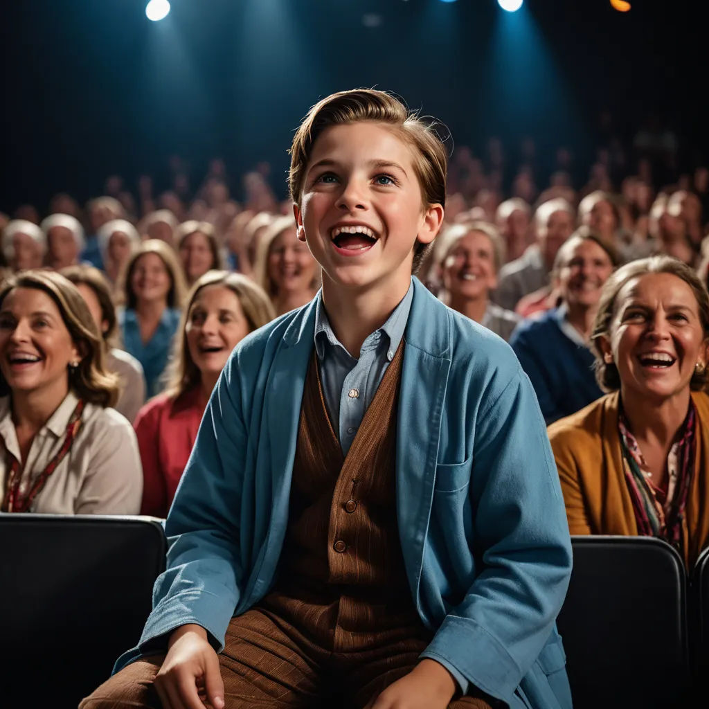 a boy sitting in a chair with a crowd of people behind him smiling at the camera with a microphone, assemblage, a poster, David Annand, promotional image