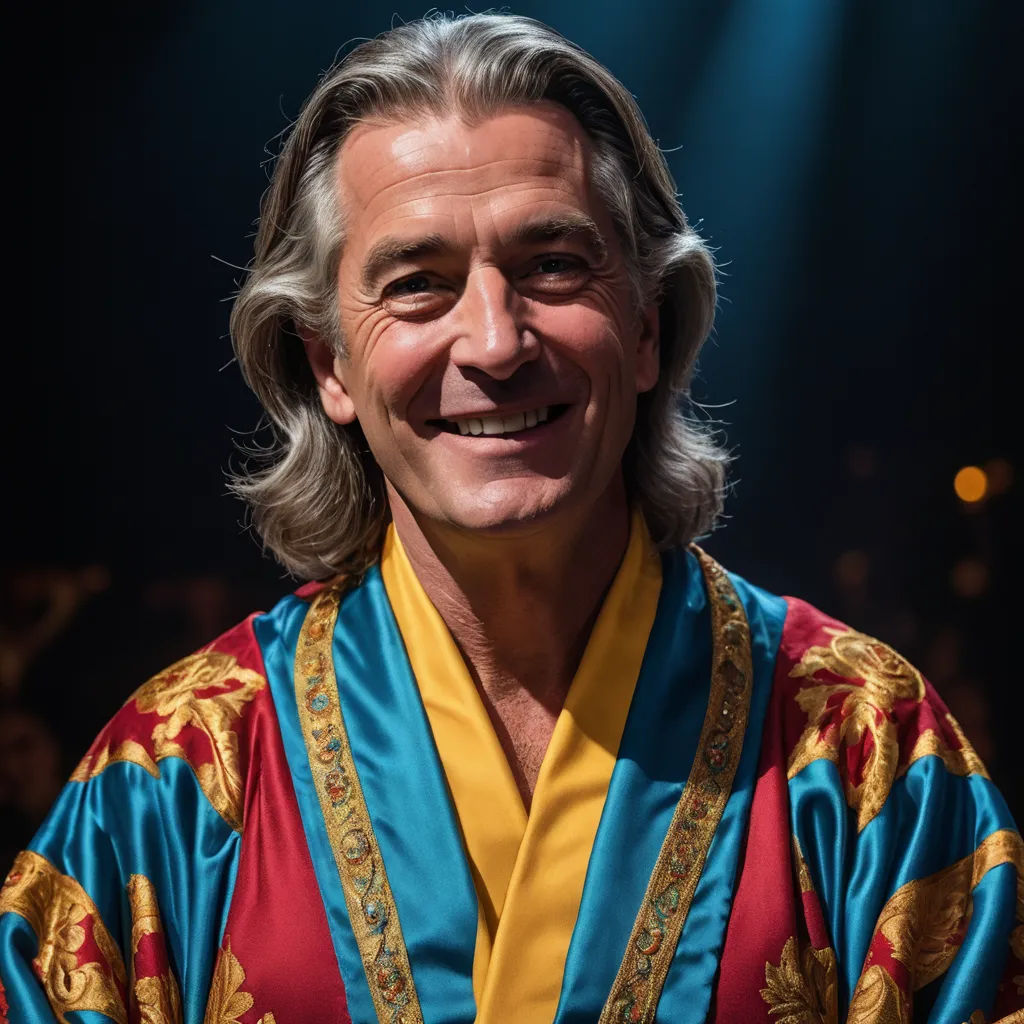 a man with a smile on his face wearing a colorful robe and a yellow shirt with a blue and red design, baroque, a flemish Baroque, David Donaldson, promotional image